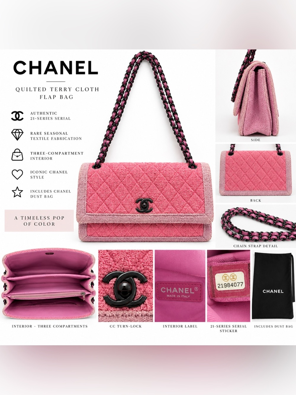 CHANEL Pink & Purple Quilted Terry Cloth Flap Shoulder Bag Dark Hardware